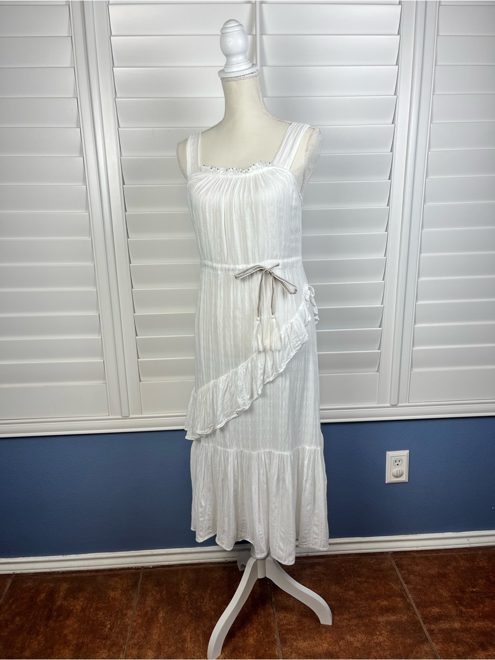 Letarte White Sleeveless Ruffle Midi Dress with Tie Waist Size XS